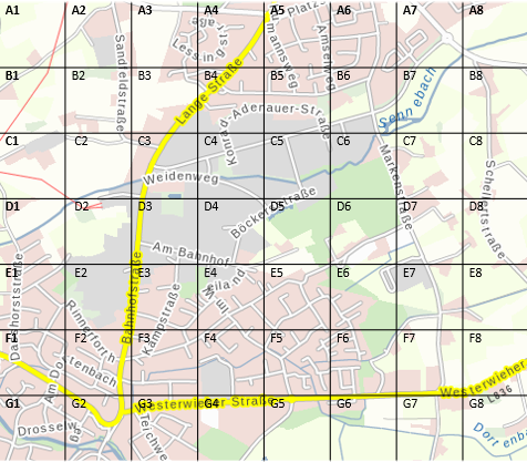 Ausschnitt einer Landkarte mit einer Einteilung nach Planquadraten